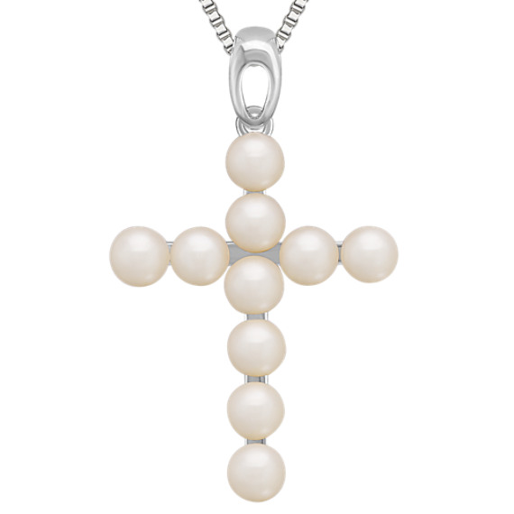 4mm Cultured Freshwater Pearl Cross Pendant in Sterling Silver (18") 4mm Cultured Freshwater Pearl Cross Pendant in Sterling Silver (18")