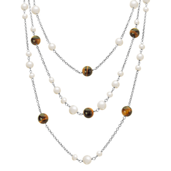 5-9mm Cultured Freshwater Pearl, Tiger's Eye, and Sterling Silver Necklace (20") 5-9mm Cultured Freshwater Pearl, Tiger's Eye, and Sterling Silver Necklace (20")