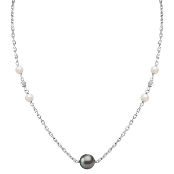 5.5-10mm Cultured Tahitian and Freshwater Pearl Necklace in Sterling Silver (36") 5.5-10mm Cultured Tahitian and Freshwater Pearl Necklace in Sterling Silver (36")