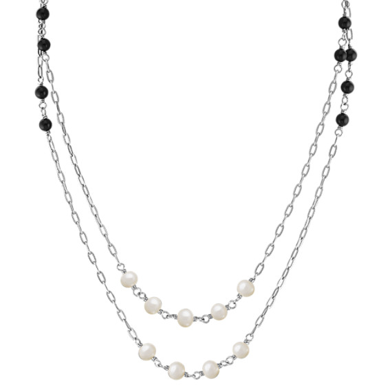 5mm Cultured Freshwater Pearl, Black Agate and Sterling Silver Necklace (47") 5mm Cultured Freshwater Pearl, Black Agate and Sterling Silver Necklace (47")