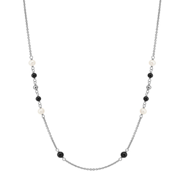 5mm Cultured Freshwater Pearl, Black Agate and Sterling Silver Necklace (47") 5mm Cultured Freshwater Pearl, Black Agate and Sterling Silver Necklace (47")