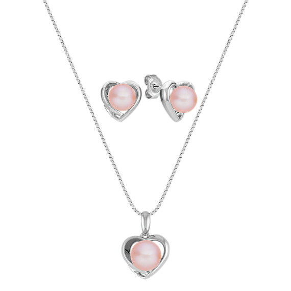 6.5-8mm Pink Cultured Freshwater Pearl and Sterling Silver Pendant and Earring Set 6.5-8mm Pink Cultured Freshwater Pearl and Sterling Silver Pendant and Earring Set