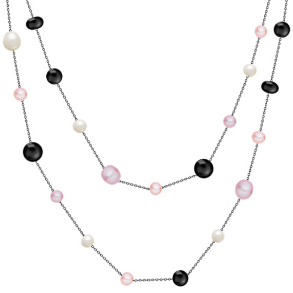 6.5-9.5mm Multi-Colored Cultured Freshwater Pearl, Black Agate and Sterling Silver Necklace (47") 6.5-9.5mm Multi-Colored Cultured Freshwater Pearl, Black Agate and Sterling Silver Necklace (47")