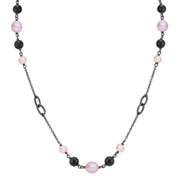 6.5-9mm Multi-Colored Cultured Freshwater Pearl, Black Agate and Sterling Silver Necklace (30") 6.5-9mm Multi-Colored Cultured Freshwater Pearl, Black Agate and Sterling Silver Necklace (30")