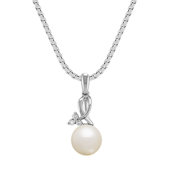 6.5mm Cultured Freshwater Pearl and Diamond Sterling Silver Pendant (18") 6.5mm Cultured Freshwater Pearl and Diamond Sterling Silver Pendant (18")