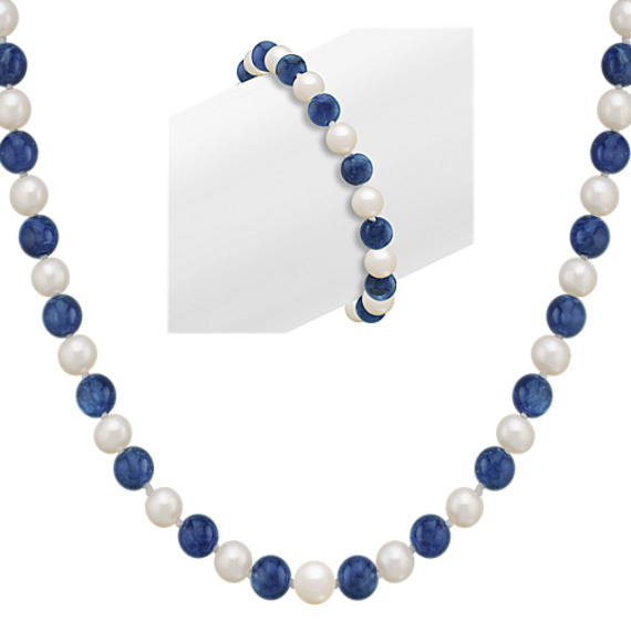 6.5mm Cultured Freshwater Pearl and Sodalite Strand and Bracelet Set (30") 6.5mm Cultured Freshwater Pearl and Sodalite Strand and Bracelet Set (30")