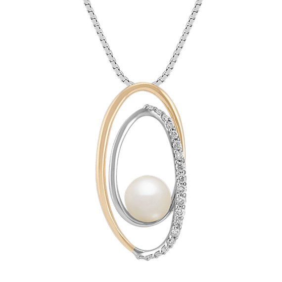 6mm Cultured Akoya Pearl and Round Diamond Pendant in Two-Tone Gold (18") 6mm Cultured Akoya Pearl and Round Diamond Pendant in Two-Tone Gold (18")