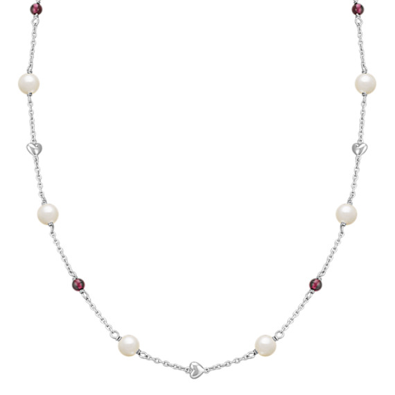 6mm Cultured Freshwater Pearl and Garnet Necklace in Sterling Silver (24") 6mm Cultured Freshwater Pearl and Garnet Necklace in Sterling Silver (24")