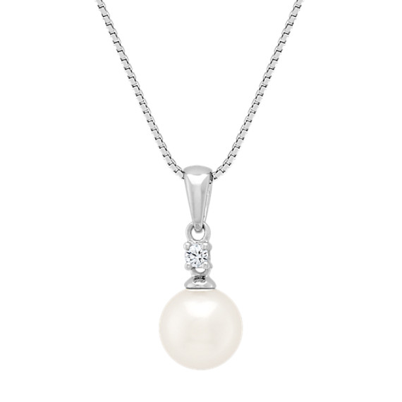 7mm Cultured Akoya Pearl and Round Diamond Pendant (18") 7mm Cultured Akoya Pearl and Round Diamond Pendant (18")