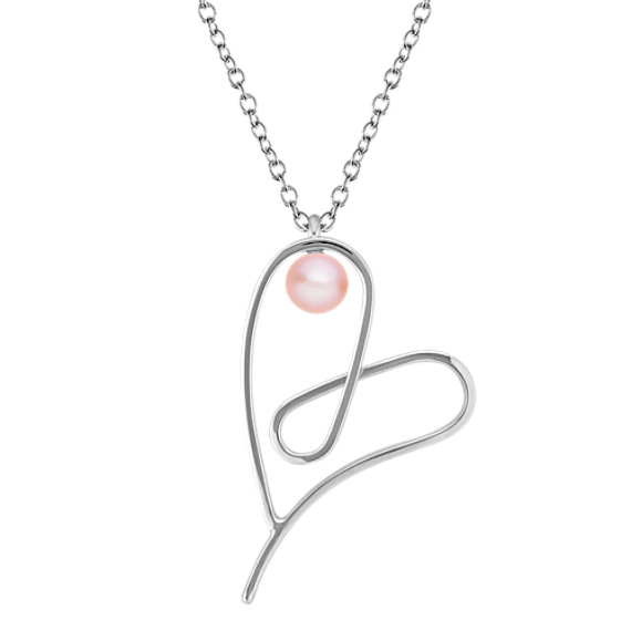 7mm Cultured Freshwater Pearl and Sterling Silver Heart Pendant (18") 7mm Cultured Freshwater Pearl and Sterling Silver Heart Pendant (18")