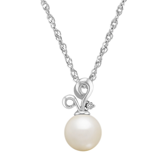 8.5mm Cultured Freshwater Pearl and Diamond Sterling Silver Pendant (18") 8.5mm Cultured Freshwater Pearl and Diamond Sterling Silver Pendant (18")