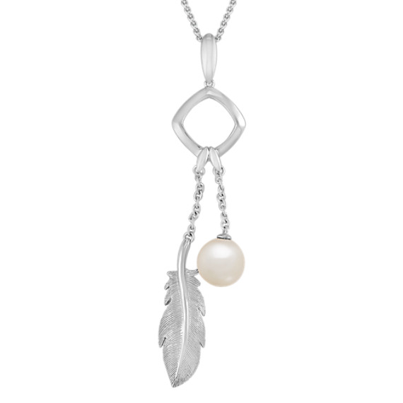 8.5mm Cultured Freshwater Pearl and Sterling Silver Feather Pendant (24") 8.5mm Cultured Freshwater Pearl and Sterling Silver Feather Pendant (24")