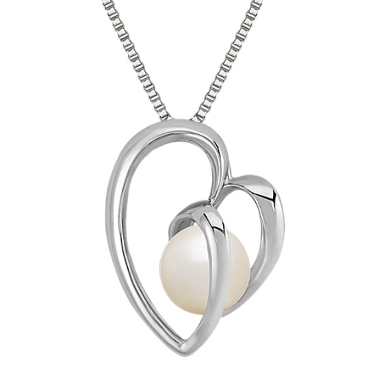 8.5mm Cultured Freshwater Pearl and Sterling Silver Heart Pendant (18") 8.5mm Cultured Freshwater Pearl and Sterling Silver Heart Pendant (18")