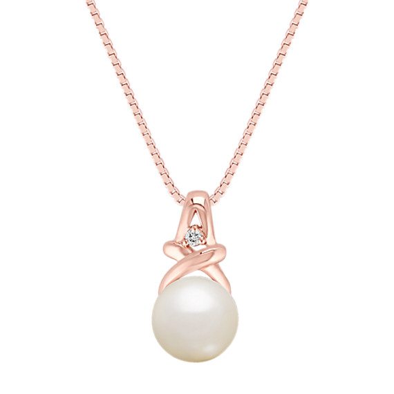 8mm Cultured Akoya Pearl and Round Diamond Pendant in Rose Gold (18") 8mm Cultured Akoya Pearl and Round Diamond Pendant in Rose Gold (18")