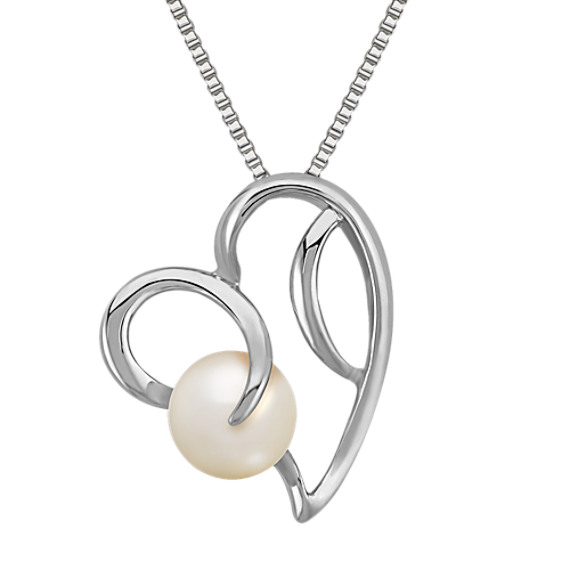 8mm Cultured Freshwater Pearl and Sterling Silver Heart Pendant (18") 8mm Cultured Freshwater Pearl and Sterling Silver Heart Pendant (18")