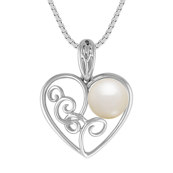 8mm Cultured Freshwater Pearl and Sterling Silver Heart Pendant (18") 8mm Cultured Freshwater Pearl and Sterling Silver Heart Pendant (18")