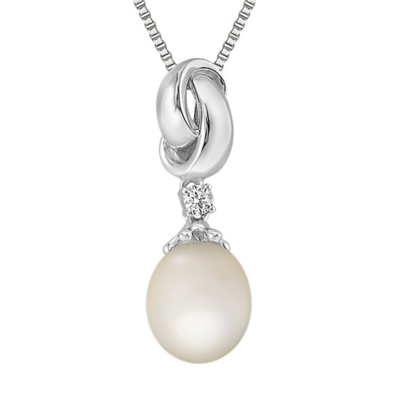 9mm Cultured Freshwater Pearl and Round Diamond Pendant in Sterling Silver (18") 9mm Cultured Freshwater Pearl and Round Diamond Pendant in Sterling Silver (18")