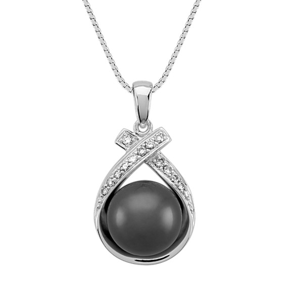 9mm Cultured Tahitian Pearl and Round Diamond Pendant (18") 9mm Cultured Tahitian Pearl and Round Diamond Pendant (18")