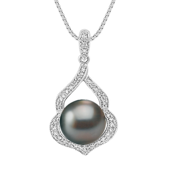 9mm Cultured Tahitian Pearl and Round Diamond Pendant (18") 9mm Cultured Tahitian Pearl and Round Diamond Pendant (18")