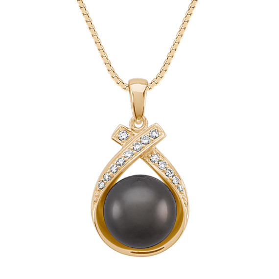 9mm Cultured Tahitian Pearl and Round Diamond Pendant (18") 9mm Cultured Tahitian Pearl and Round Diamond Pendant (18")
