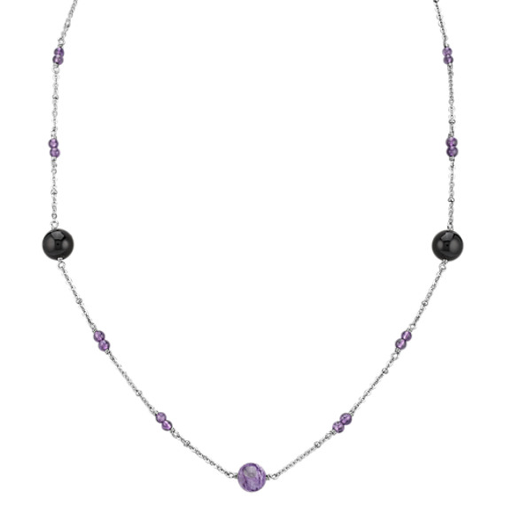 Amethyst, Charoite, Black Agate and Sterling Silver Necklace (30") Amethyst, Charoite, Black Agate and Sterling Silver Necklace (30")