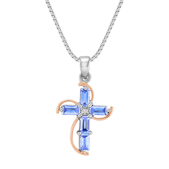 Baguette Ice Blue Sapphire and Princess Cut Diamond Cross Pendant in 14k White and Rose Gold (18") Baguette Ice Blue Sapphire and Princess Cut Diamond Cross Pendant in 14k White and Rose Gold (18")