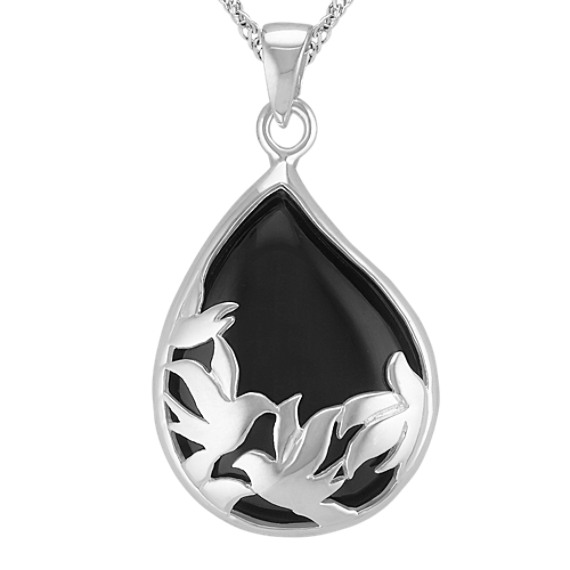 Black Agate and Sterling Silver Tear-Drop Pendant (20") Black Agate and Sterling Silver Tear-Drop Pendant (20")