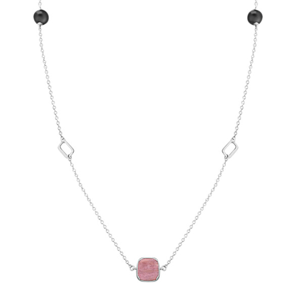 Blush Stone, Black Agate, and Sterling Silver Necklace (38") Blush Stone, Black Agate, and Sterling Silver Necklace (38")