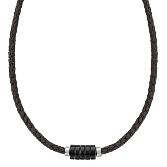 Braided Leather, Black Agate and Sterling Silver Necklace (20") Braided Leather, Black Agate and Sterling Silver Necklace (20")