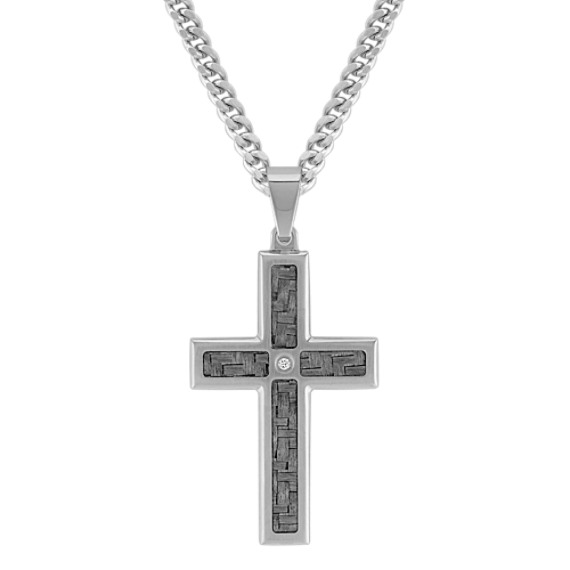 Diamond Stainless Steel with Carbon Fiber Cross Necklace (24") Diamond Stainless Steel with Carbon Fiber Cross Necklace (24")