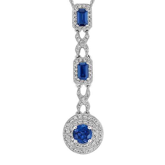 Emerald Cut and Round Sapphire and Diamond Drop Pendant (22") Emerald Cut and Round Sapphire and Diamond Drop Pendant (22")