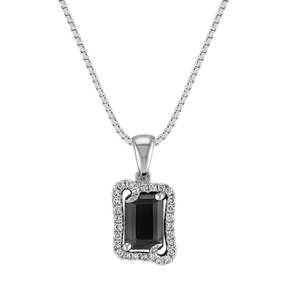 Emerald Cut Black Sapphire and Round Diamond Halo Pendant (18") Emerald Cut Black Sapphire and Round Diamond Halo Pendant (18")