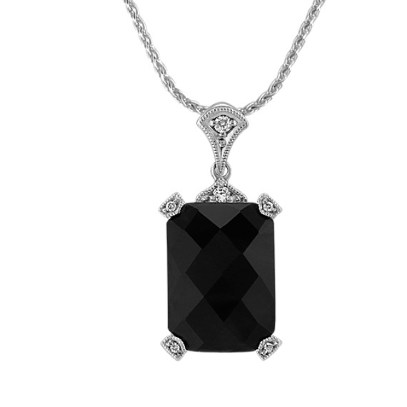 Emerald Cut Black Sapphire and Round Diamond Pendant (18") Emerald Cut Black Sapphire and Round Diamond Pendant (18")
