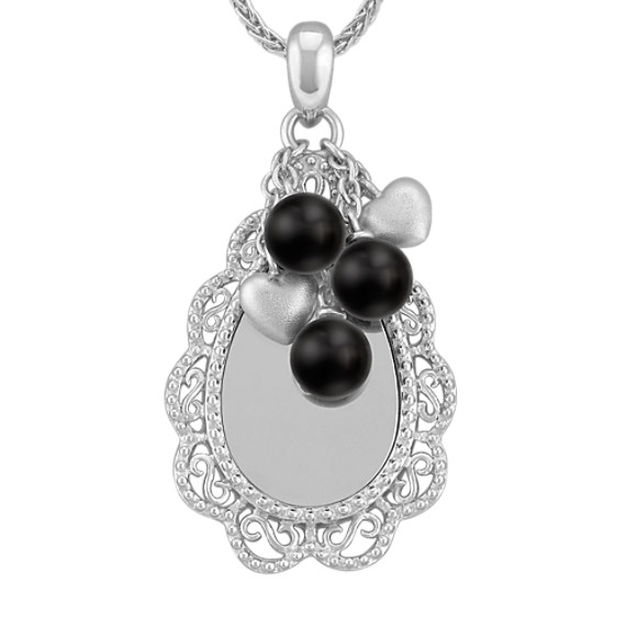 Engravable Sterling Silver Pendant with Black Agate Beads (24") Engravable Sterling Silver Pendant with Black Agate Beads (24")