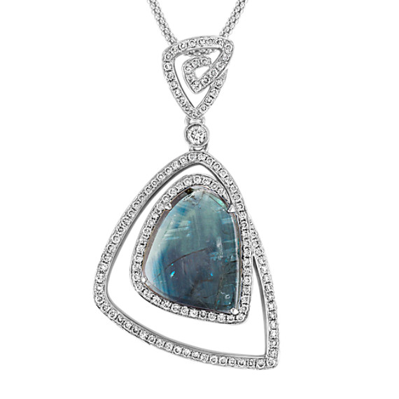 Freeform Blue Green Sapphire and Round Diamond Pendant (22") Freeform Blue Green Sapphire and Round Diamond Pendant (22")