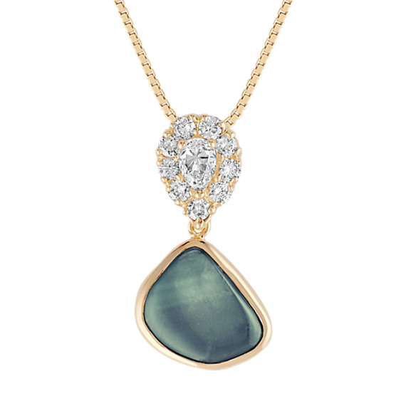 Freeform Blue Green Sapphire, Pear Shaped and Round Diamond Pendant (18") Freeform Blue Green Sapphire, Pear Shaped and Round Diamond Pendant (18")