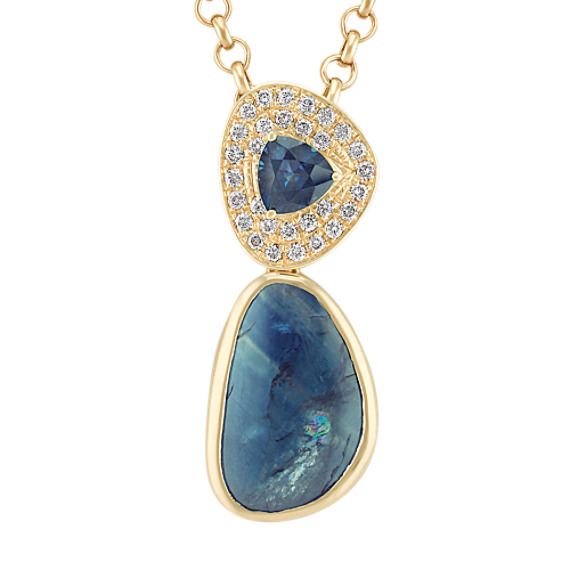 Freeform Blue Green Sapphire, Trillion Sapphire, and Diamond Pendant (18") Freeform Blue Green Sapphire, Trillion Sapphire, and Diamond Pendant (18")