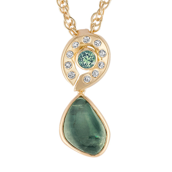 Freeform Green Sapphire, Round Green Sapphire, and Round Diamond Pendant (18") Freeform Green Sapphire, Round Green Sapphire, and Round Diamond Pendant (18")