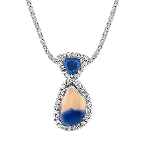 Freeform Multi-Colored Sapphire, Trillion Sapphire, and Round Diamond Pendant (18") Freeform Multi-Colored Sapphire, Trillion Sapphire, and Round Diamond Pendant (18")