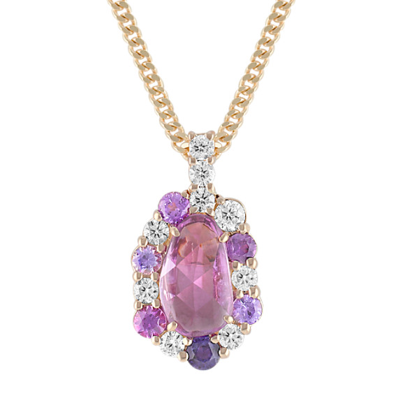 Freeform Pink Sapphire, Round Lavender Sapphire, and Diamond Pendant (18") Freeform Pink Sapphire, Round Lavender Sapphire, and Diamond Pendant (18")