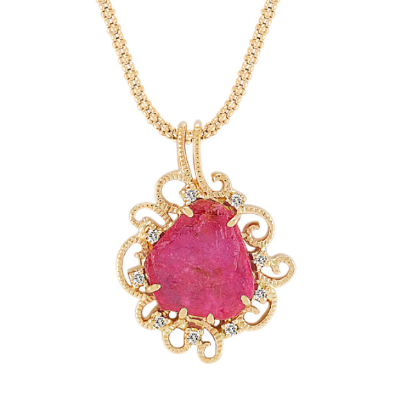 Freeform Rough Ruby Slab and Round Diamond Pendant (22") Freeform Rough Ruby Slab and Round Diamond Pendant (22")