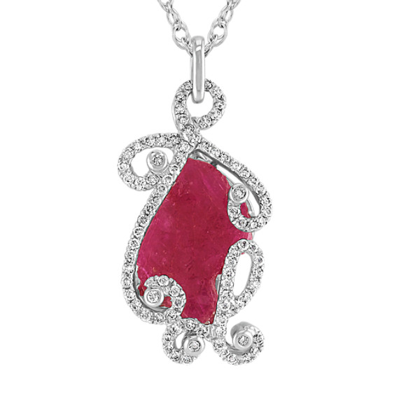 Freeform Rough Ruby Slab and Round Diamond Pendant (18") Freeform Rough Ruby Slab and Round Diamond Pendant (18")