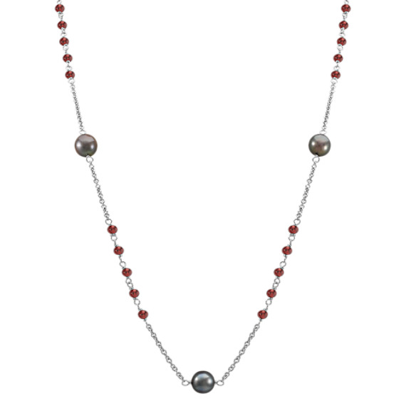 Garnet, 9mm Cultured Tahitian Pearl and Sterling Silver Necklace (32") Garnet, 9mm Cultured Tahitian Pearl and Sterling Silver Necklace (32")