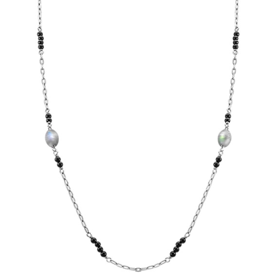 Grey Labradorite, Black Agate and Sterling Silver Necklace (30") Grey Labradorite, Black Agate and Sterling Silver Necklace (30")