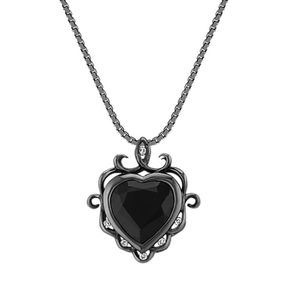 Heart-Shaped Black Sapphire and Round Diamond Pendant with Black Rhodium (18") Heart-Shaped Black Sapphire and Round Diamond Pendant with Black Rhodium (18")