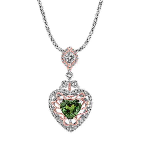 Heart-Shaped Green Sapphire and Calla Cut and Round Diamond Pendant in Two-Tone Gold (22") Heart-Shaped Green Sapphire and Calla Cut and Round Diamond Pendant in Two-Tone Gold (22")