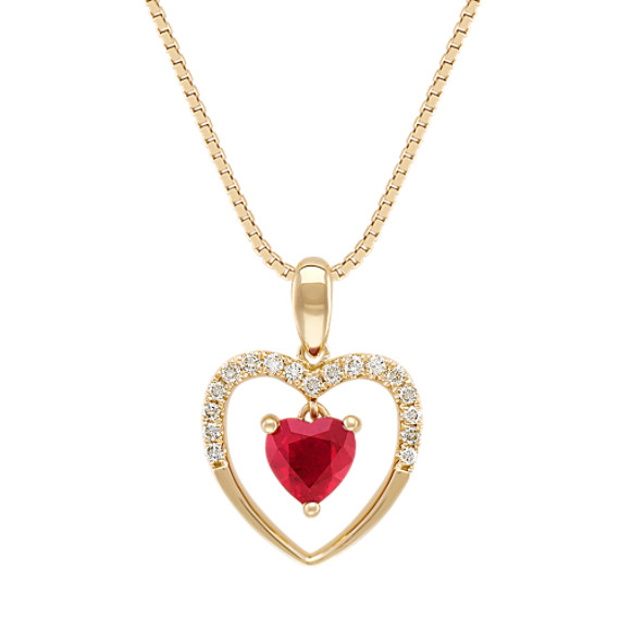 Heart-Shaped Ruby and Diamond Heart Pendant in 14k Yellow Gold (18") Heart-Shaped Ruby and Diamond Heart Pendant in 14k Yellow Gold (18")