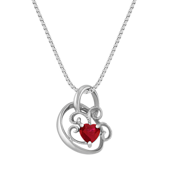 Heart-Shaped Ruby and Sterling Silver Heart Pendant (18") Heart-Shaped Ruby and Sterling Silver Heart Pendant (18")