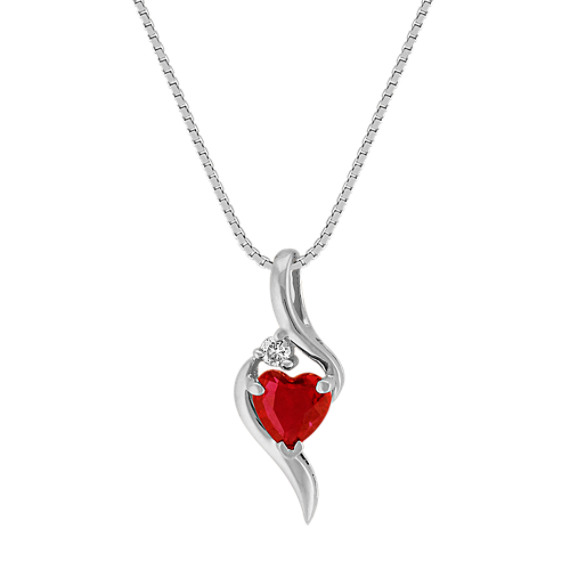 Heart-Shaped Ruby Pendant with Single Diamond Accent in 14k White Gold (18") Heart-Shaped Ruby Pendant with Single Diamond Accent in 14k White Gold (18")