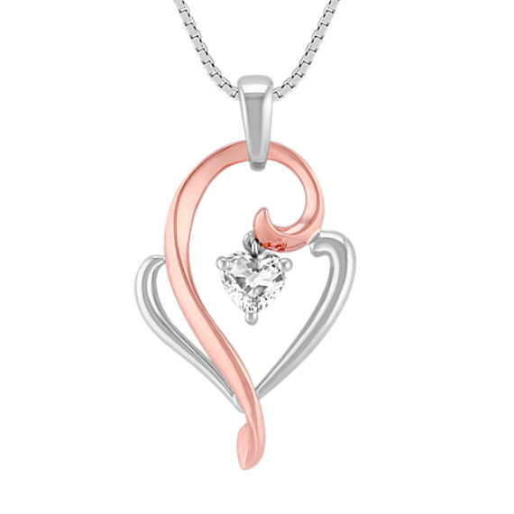 Heart Shaped White Sapphire, 14k Rose Gold, and Sterling Silver Pendant (18") Heart Shaped White Sapphire, 14k Rose Gold, and Sterling Silver Pendant (18")